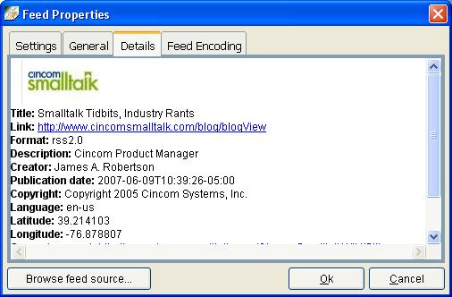 Feed properties window, details page.