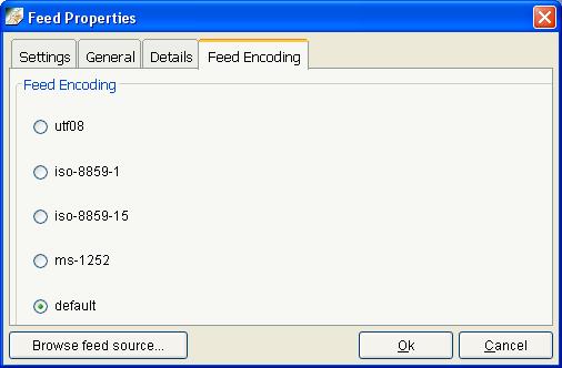 Feed properties window, encoding page.