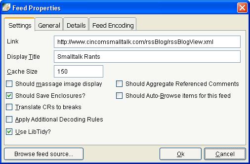 Feed properties window, settings page.