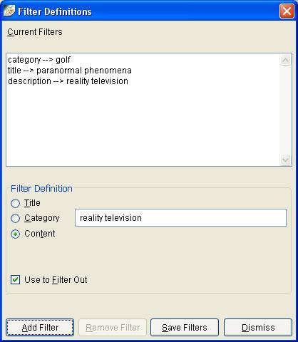 Filter definitions window.