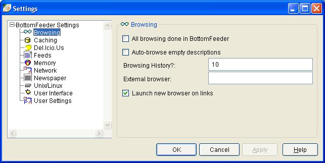 Settings window, browsing page.