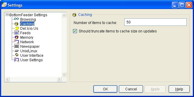 Settings window, caching page.