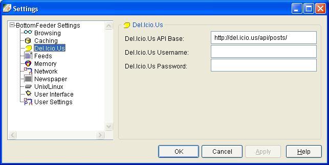 Settings window, Del.Icio.Us page.