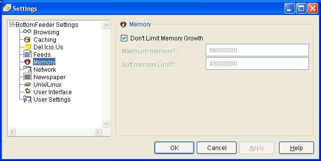 Settings window, memory page.