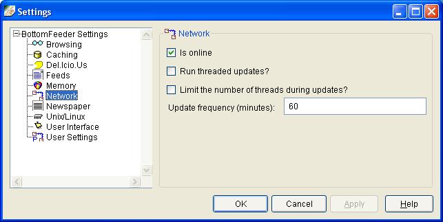 Settings window, network page.