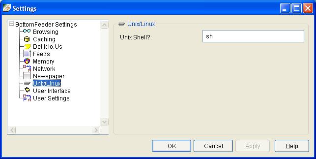 Settings window, Unix/Linux page.