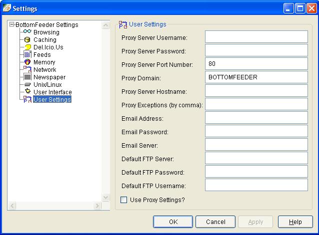 Settings window, user page.