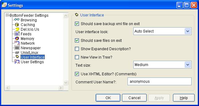 Settings window, user interface page.